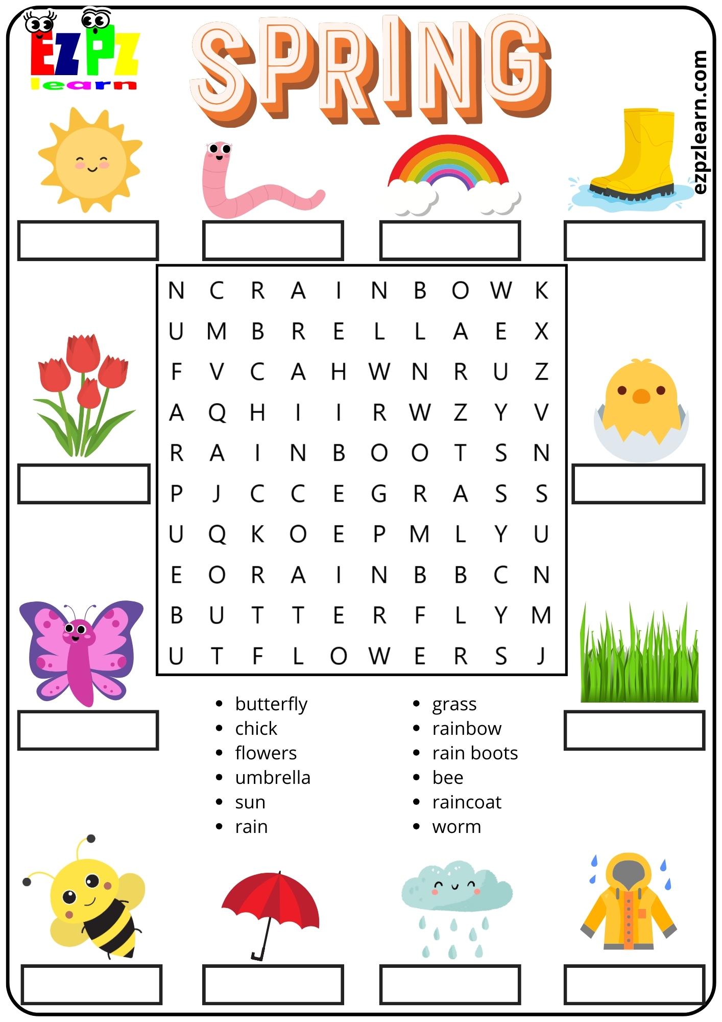 Spring Season Vocabulary Word Search and Match the Words Activity for Kids and English Language Learners